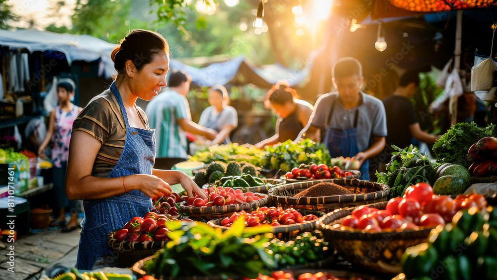 A woman selects fresh vegetables at a vibrant outdoor market, illuminated by warm sunlight. A woman selects fresh vegetables at a vibrant outdoor market, illuminated by warm sunlight.