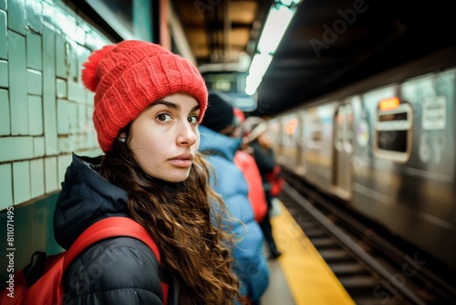 A young woman in a red beanie stands waiting at a subway station, capturing the essence of city commuting.