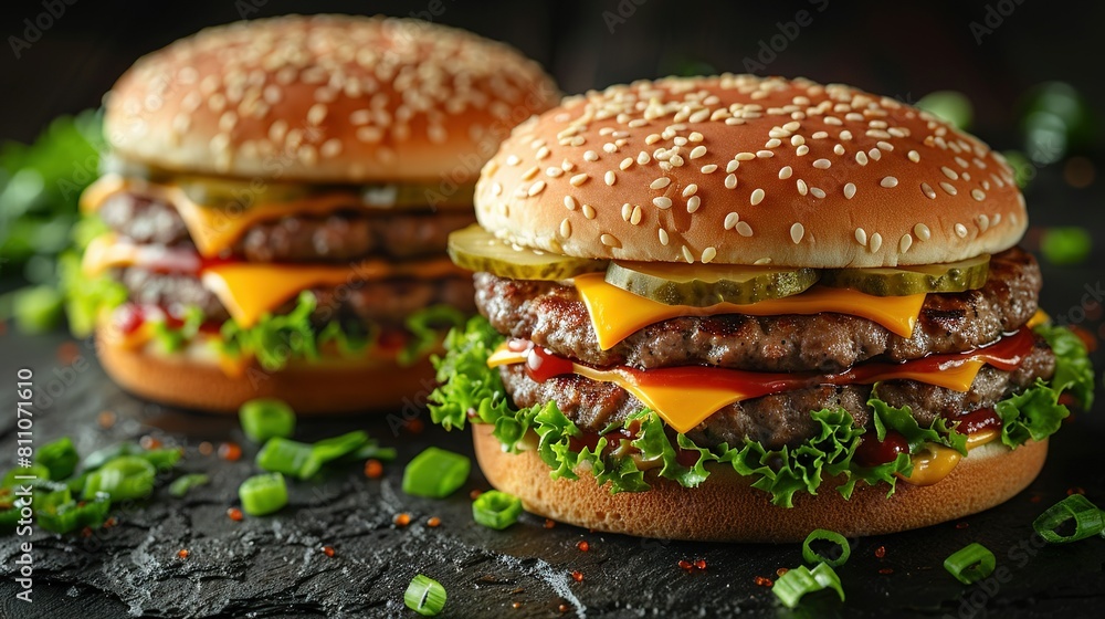 Two hamburgers with cheese, pickles, and ketchup on a black surface with sprinkles Two hamburgers with cheese, pickles, and ketchup on a black surface with sprinkles