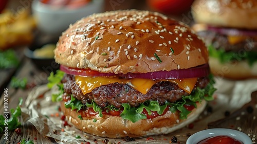   A hamburger rests atop a wooden table, accompanied by a ketchup-filled bowl © Sonya