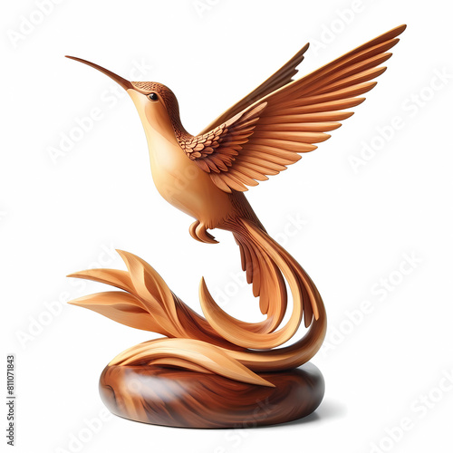 wood carving statue of hummingbird with white background