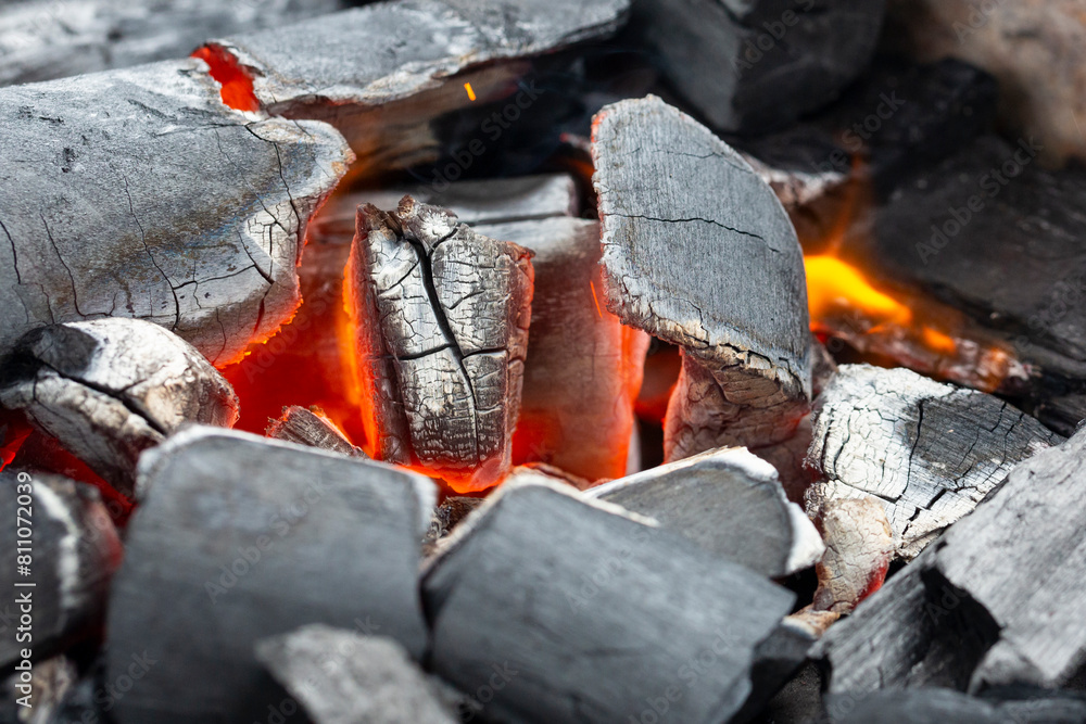 Details of charcoal for barbecue at picnic, burning coals Details of charcoal for barbecue at picnic, burning coals