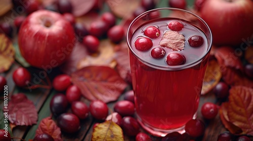  A glass of cranberry juice surrounded by cranberries on a table with leaves and apples in the background