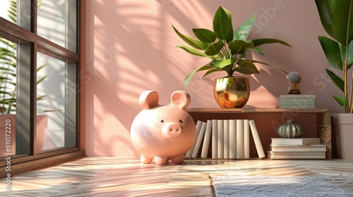 A pink piggy bank sits on a wooden table in front of a window. The piggy bank is surrounded by books and a potted plant. The background is a peach-colored wall with a white window.