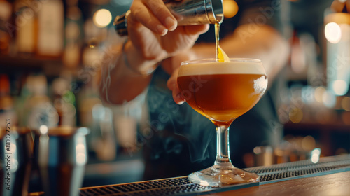 Elegant close-up of a custom cocktail being crafted at an exclusive restaurant s bar  with a focus on the bartender s hands and the vibrant colors of the drink