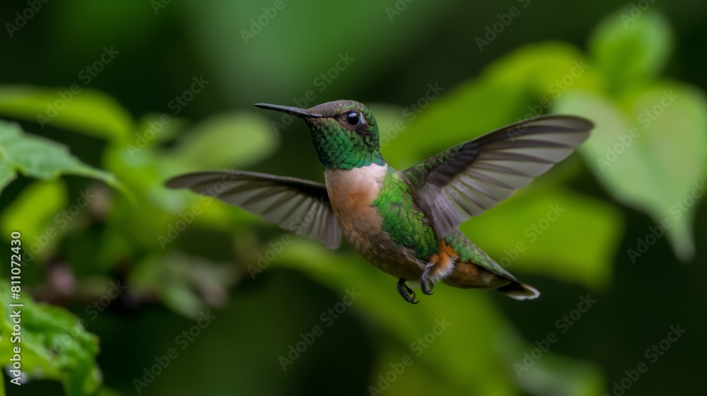 Fototapeta premium A hummingbird flying through a lush green forest