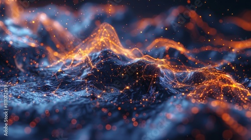Blue and orange glowing particles form into a beautiful abstract landscape.