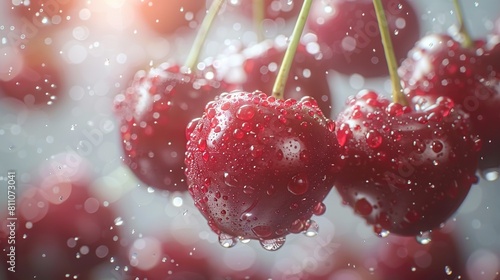   Cherries dangle from tree branches, with sunlight beams creating a halo in the background photo