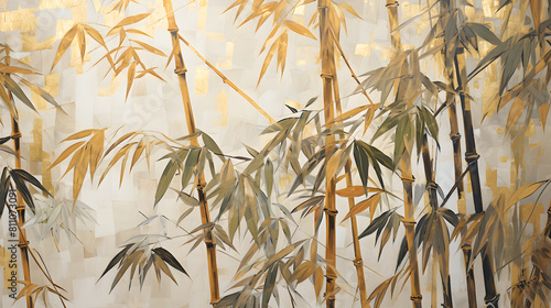 partial bamboo leaf and birds with gold and bronze abstract decorative painting