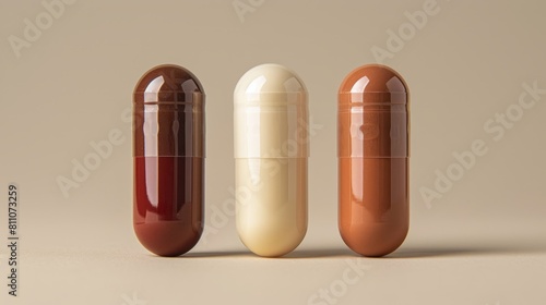 Three capsules of different colors, brown, white and brown, on a beige background.