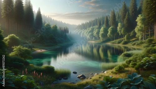 Peaceful sunrise over a serene lake nestled among dense forests, casting beautiful reflections and a tranquil ambiance.
