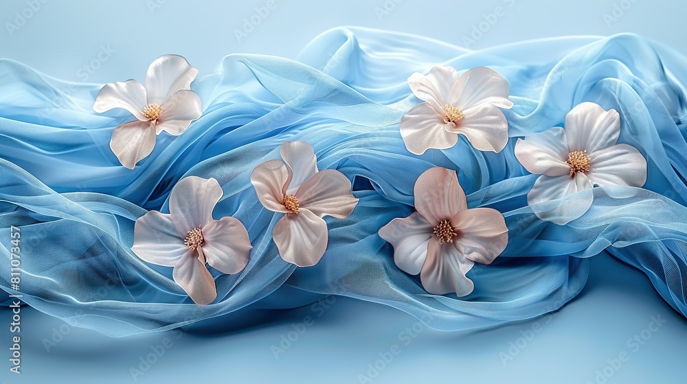 Group of white and blue flowers on a light blue cloth against a light blue background Group of white and blue flowers on a light blue cloth against a light blue background