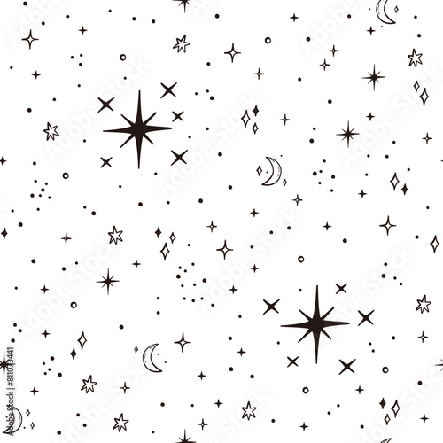 Sparkle stars seamless pattern, Vector hand drawn background illustration.