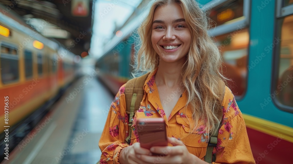 A woman is smiling and holding a cell phone while standing in a train station A woman is smiling and holding a cell phone while standing in a train station