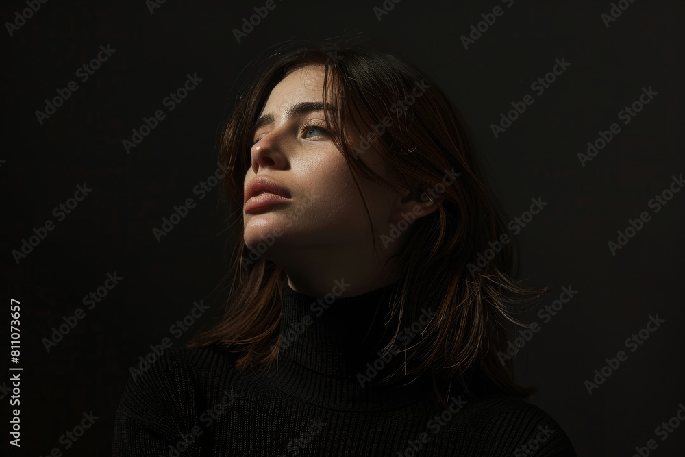 Young woman with a pensive expression in soft lighting, capturing a moment of introspection and subtle elegance.
Young woman with a pensive expression in soft lighting, capturing a moment of introspection and subtle elegance.