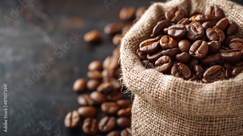 Coffee beans in burlap sack. Richly textured coffee beans filling a burlap sack, highlighted by ambient light that accentuates the deep brown tones and aromatic appeal of freshly roasted beans. photo