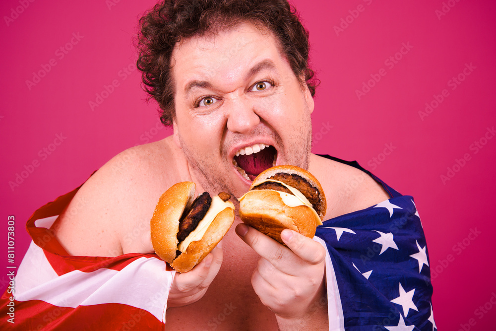 Sports nutrition and healthy lifestyle. Funny fat man and his bad habits. Pink background. Sports nutrition and healthy lifestyle. Funny fat man and his bad habits. Pink background.