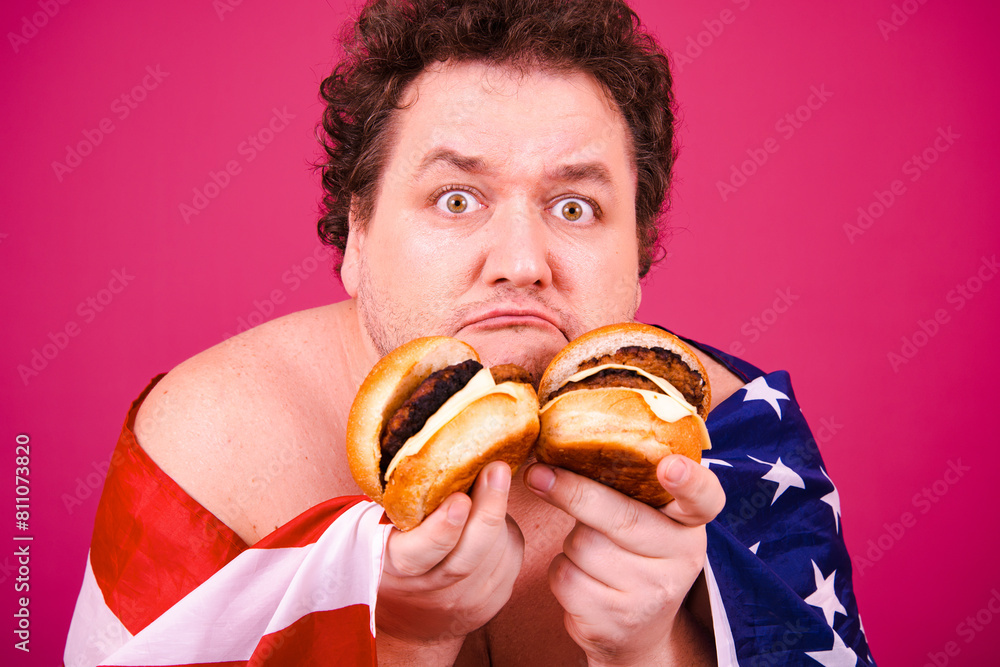 Sports nutrition and healthy lifestyle. Funny fat man and his bad habits. Pink background. Sports nutrition and healthy lifestyle. Funny fat man and his bad habits. Pink background.