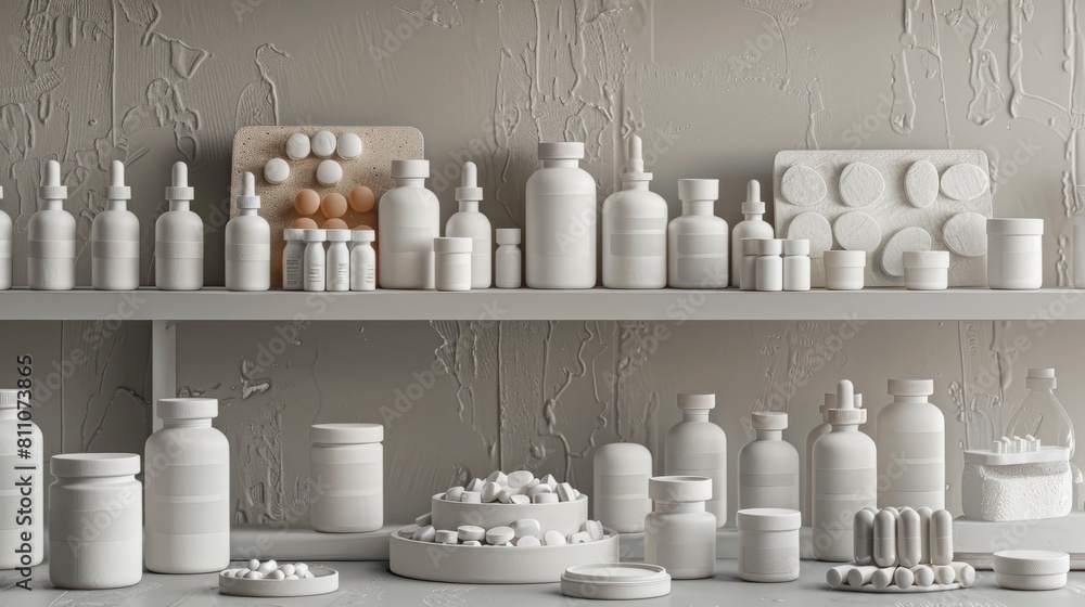 A wide variety of medical supplies are neatly arranged on a shelf, including bottles, pills, and other pharmaceutical items. A wide variety of medical supplies are neatly arranged on a shelf, including bottles, pills, and other pharmaceutical items.