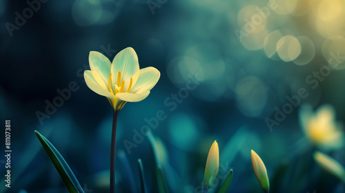 Luminous spring crocus. Elegant yellow crocus blooms against a soft bokeh background, emphasizing the delicate beauty and early bloom of spring flowers under a gentle light. AI generative..