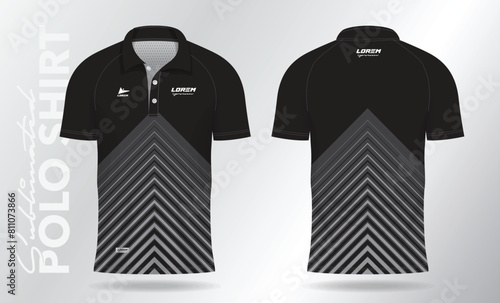 black polo jersey shirt mockup template design for badminton, tennis, soccer, football or sport uniform in front view and back view.