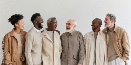 Candid photo of a group of six gentlemen all ages standing against white backdrop wearing beige clothes 