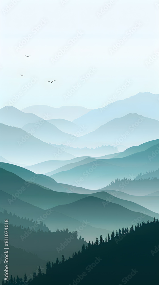 Minimalist vertical poster with mountain landscape in calming shades of blue and green. Minimalist vertical poster with mountain landscape in calming shades of blue and green.
