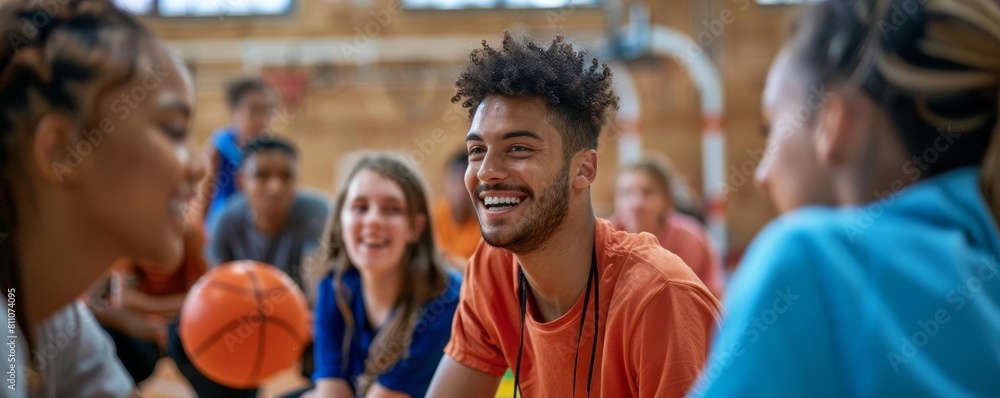 An LGBTQ sports coach training a diverse team in a gymnasium, focusing on team building and inclusive sportsmanship, using various sports equipment An LGBTQ sports coach training a diverse team in a gymnasium, focusing on team building and inclusive sportsmanship, using various sports equipment