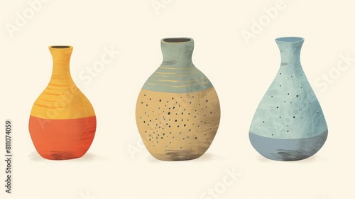 Wabi sabi ceramic vases flat design top view handmade pottery theme cartoon drawing Triadic Color Scheme