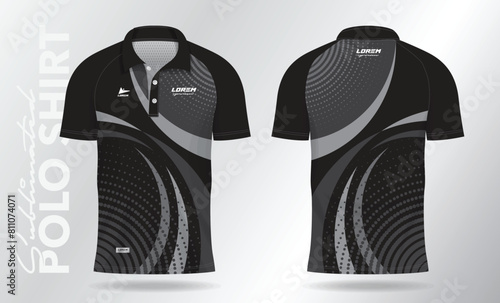 black polo jersey shirt mockup template design for badminton, tennis, soccer, football or sport uniform in front view and back view.