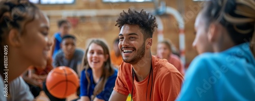 An LGBTQ sports coach training a diverse team in a gymnasium, focusing on team building and inclusive sportsmanship, using various sports equipment