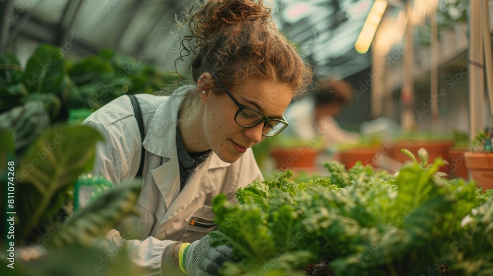 Obraz premium LGBTQ agricultural specialists in a greenhouse, researching plantbased solutions to food scarcity, surrounded by plants and sustainable farming technology