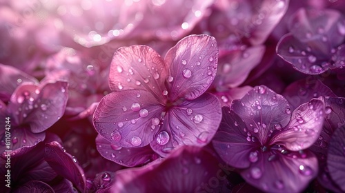   A close-up shot of numerous purple flowers with water droplets on their petals