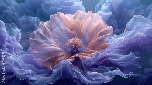  A sharp image of a pink-blue flower with a hazy blue-pink backdrop and a clear white core