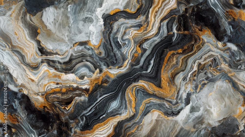 Detailed view of a black and white marble with intricate patterns and swirls. Detailed view of a black and white marble with intricate patterns and swirls.