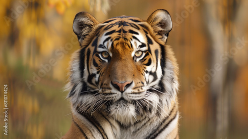 Portrait of a majestic tiger. Close-up portrait of a majestic tiger against an autumnal background, showcasing intense gaze and striking features. AI generative.. © Lull