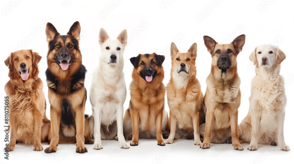 Group of various breeds of dogs sitting. A lineup of various dog breeds showcasing their unique characteristics and cheerful dispositions. AI generative..