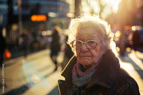 Portrait of sad elderly woman on street
