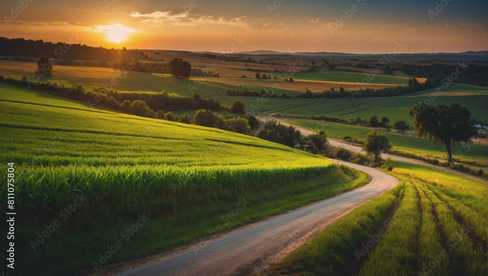 Summer Serenity, Panoramic View of Green Fields, Empty Road, and Sunset Sky in Rural Landscape