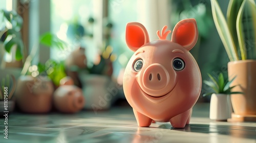 A pink piggy bank sits on a table surrounded by green plants. The piggy bank has big eyes and a smile on its face.