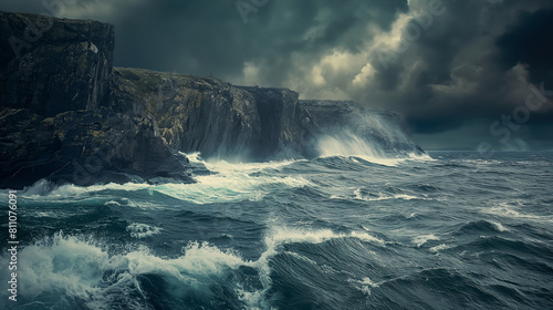 A dynamic shot of turbulent ocean waves during a storm, with dark clouds looming overhead and waves crashing against rugged cliffs. Dynamic and dramatic composition, with copy spac