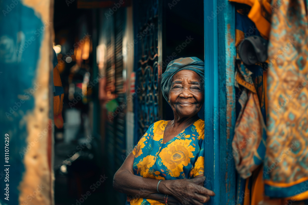 Portrait of elderly African woman at flower shop