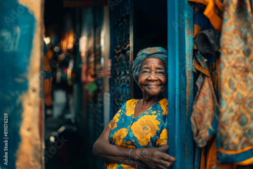 Portrait of elderly African woman at flower shop © Евгения Куликова