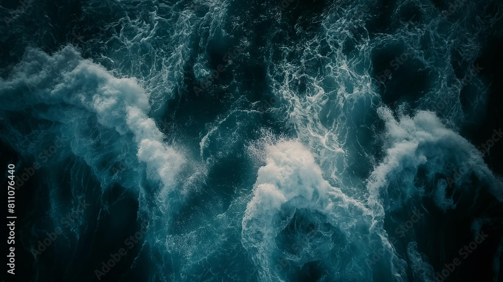 Obraz premium A breathtaking aerial view of ocean waves rolling across the surface of the water, captured from above to showcase the vastness and power of the sea. Dynamic and dramatic compositi