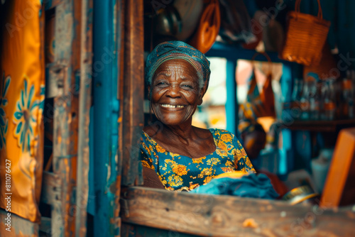 Portrait of elderly African woman at flower shop