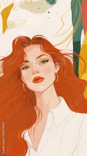 Elegant Redhead Woman with Emerald Eyes Digital Illustration photo