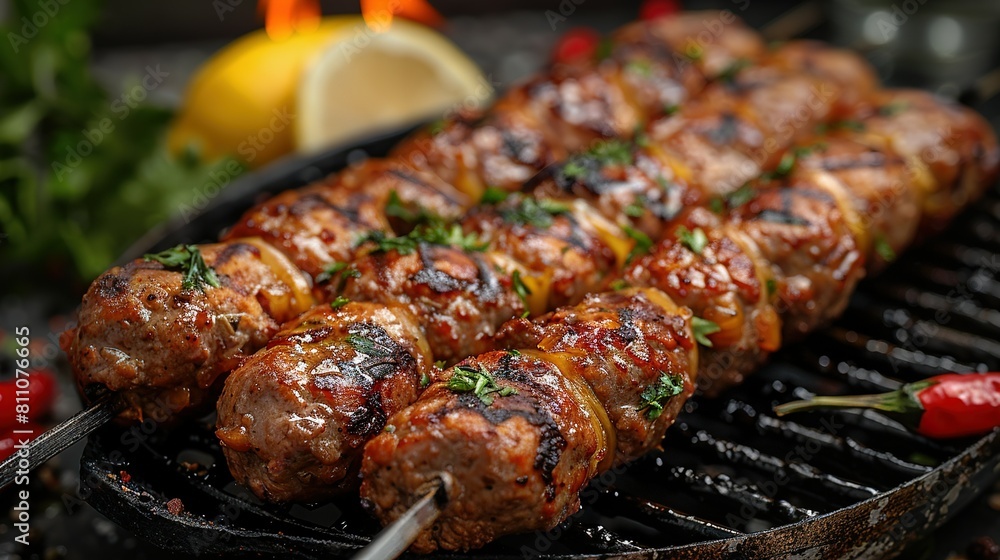   A high-resolution image of a close-up grilled steak on a skewer with colorful vegetables and a slice of lemon