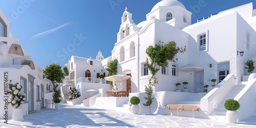 Beautiful terrace with sea view Santorini island Greece. White architecture and summer vacation vibe