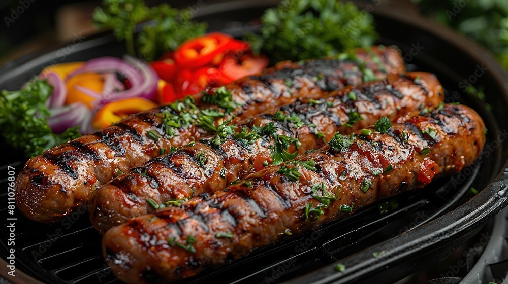   A few sausages resting on a grill alongside a mound of vegetables on a nearby table