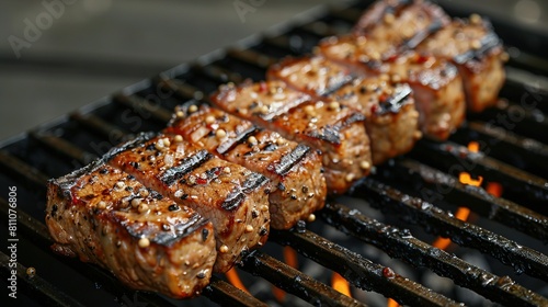   A close-up of a juicy steak grilled to perfection, with a generous amount of zesty sauce drizzled on top, surrounded by an array of mouthwatering side dishes photo